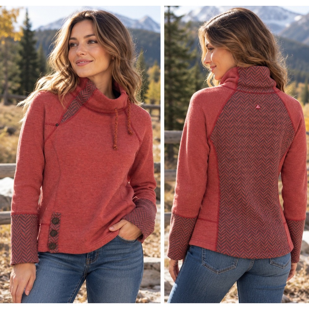 prAna Lucia Sweater Brick Red Wool Blend Funnel Neck Herringbone Back Gorpcore M